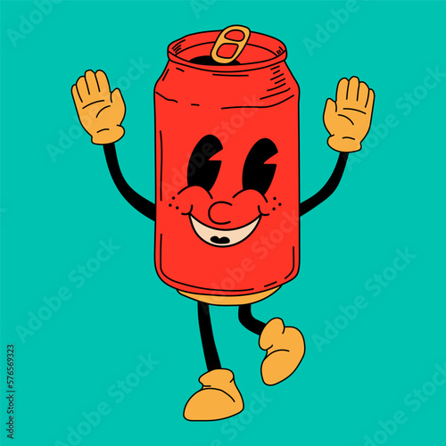 Retro Soda can mascot. Cute character in trendy retro 60s 70s cartoon style. Vector hand drawn illustration