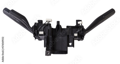 Steering wheel switches for windshield wipers and turn signals with steering angle sensor disassembled on a white isolated background, spare part for car repair or for sale at junk yard.