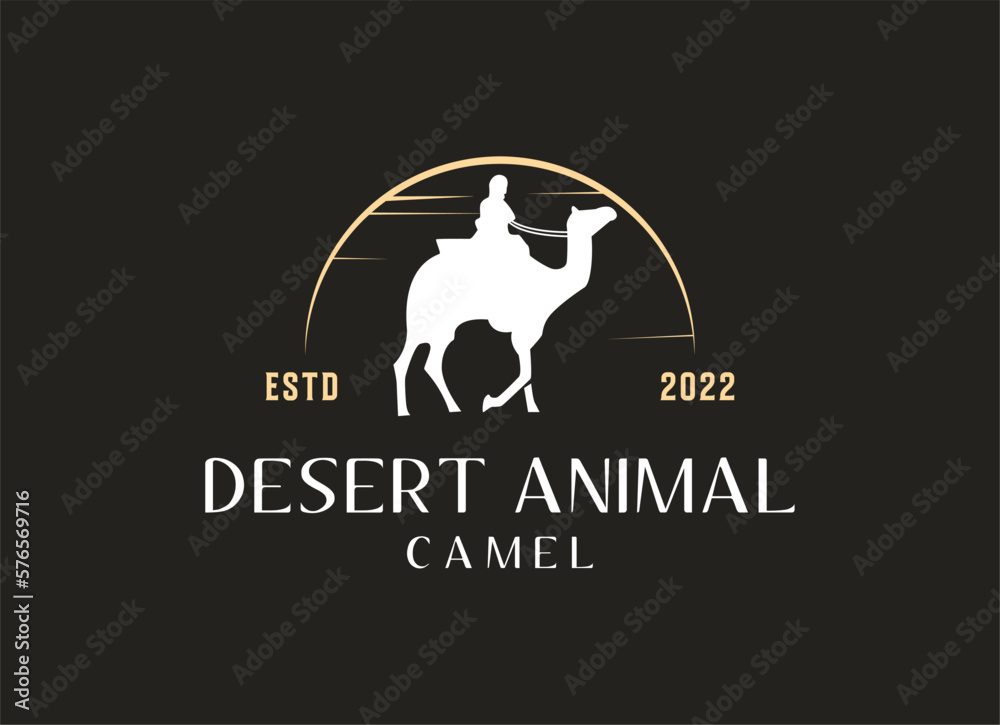 Obraz premium Arabian Logo caravan Camels in desert dunes. Camel Logo design template. 