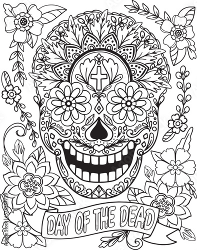 Sugar Skull flowers frame for Halloween or Day of the dead with flower elements. Hand drawn. Doodles art for greeting cards, invitation or poster. Coloring book for adult and kids.

