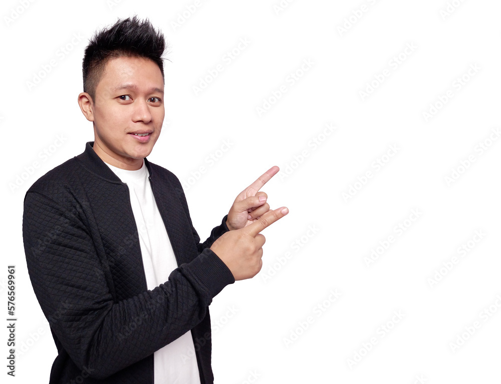 Handsome man pointing to empty space isolated on white Handsome man pointing to empty space isolated on white