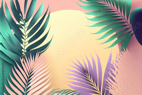 Tropical neon  iridescent  green palm leaves  floral pattern background illustration with copy space