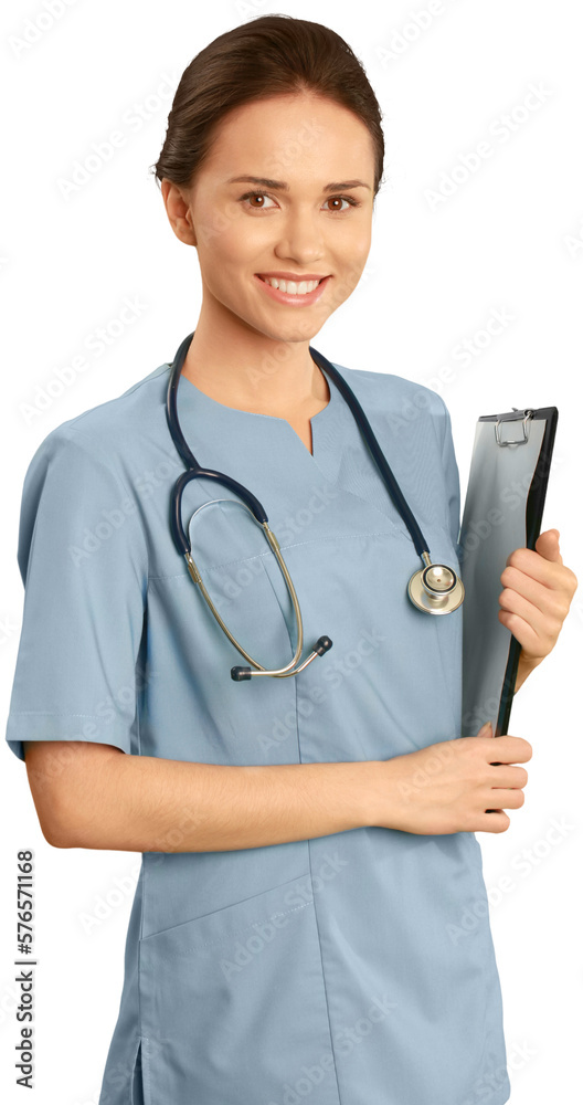 Female healthcare professional wearing scrubs and carrying a clipboard Female healthcare professional wearing scrubs and carrying a clipboard