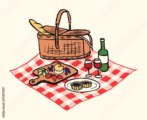 Aesthetic Hand-Drawn picnic scene illustration line art vector