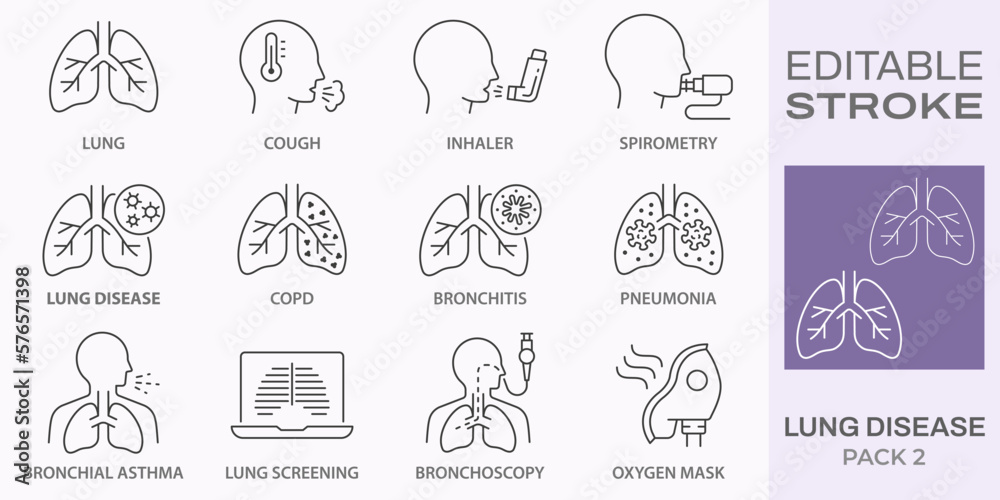 lung disease icons, such as copd, cough, bronchitis, spirometry and more. Editable stroke. - obrazy, fototapety, plakaty 