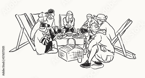 Aesthetic Hand-Drawn picnic scene illustration line art vector