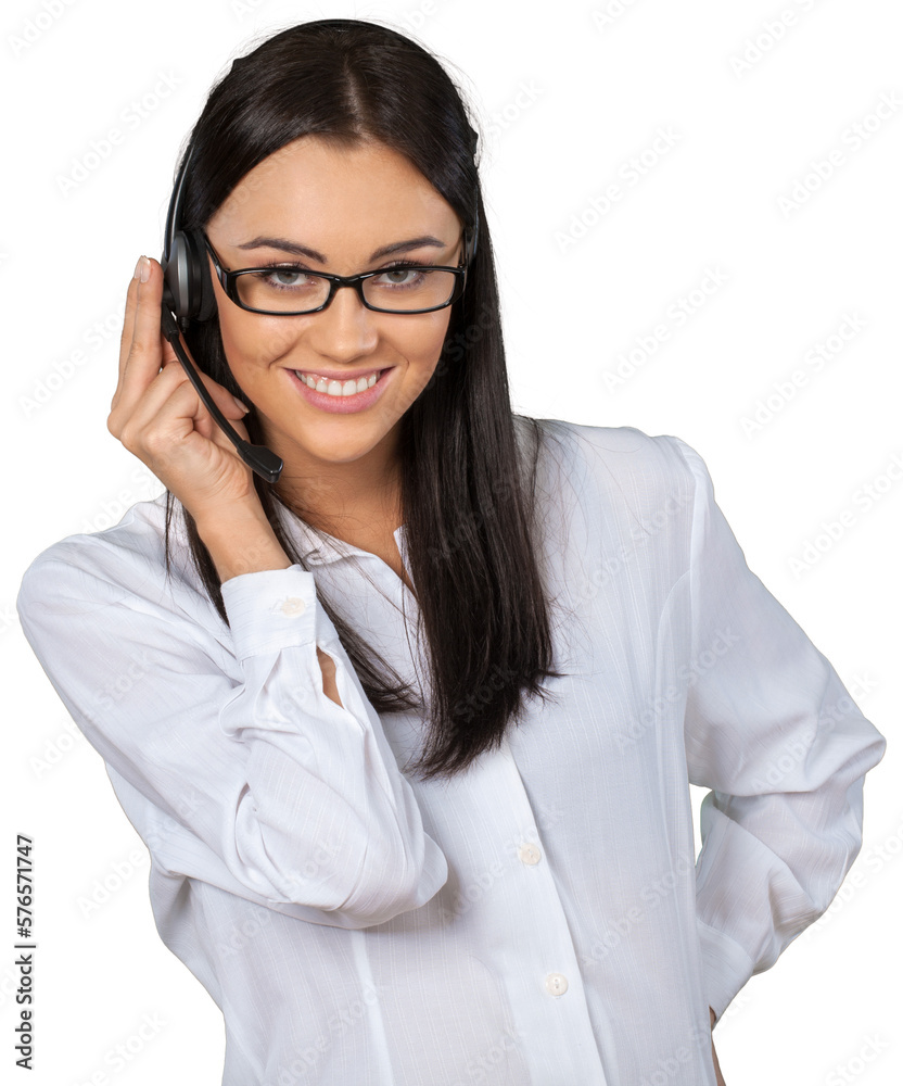 Friendly Woman Talking on Headset - Isolated Friendly Woman Talking on Headset - Isolated