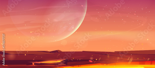 Rocky surface of alien planet with lava flow. Vector cartoon illustration of space adventure game platform with hot orange substance in crater, full moon on dusk sky background. Earthquake apocalypse