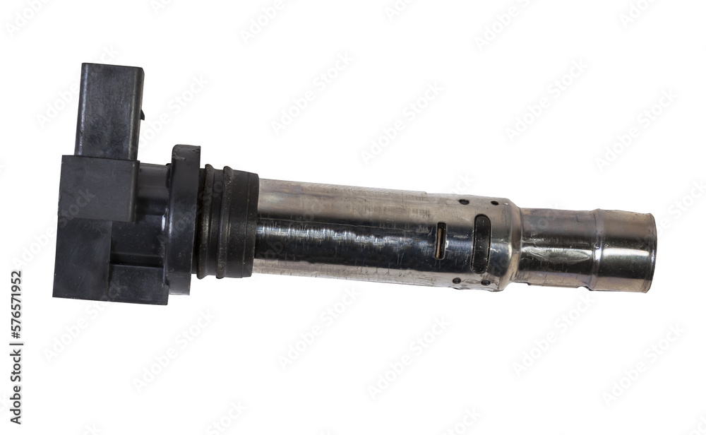 ignition coil for an internal combustion engine of a car during repair and service on a white isolated background. Spare parts catalog. ignition coil for an internal combustion engine of a car during repair and service on a white isolated background. Spare parts catalog.