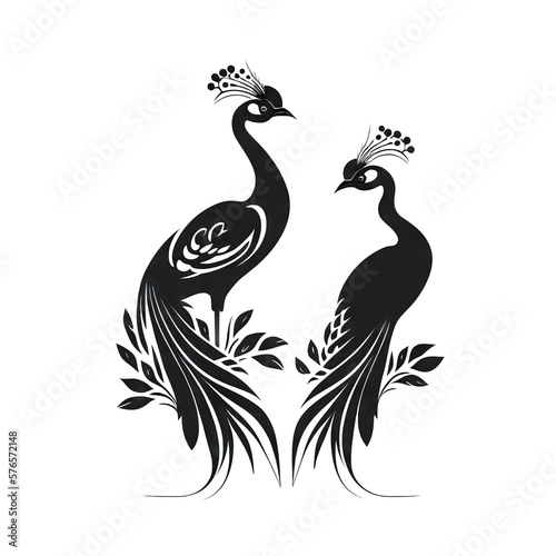 two peacocks black and white 2D minimalist luxury logo vector logo on transparent background PNG Generative AI