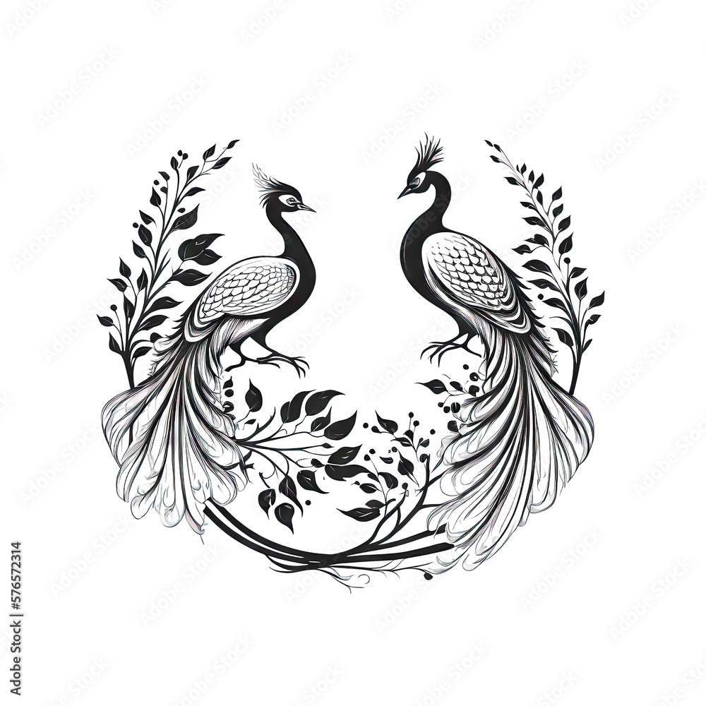 Obraz premium two peacocks black and white 2D minimalist luxury logo vector logo on transparent background PNG Generative AI