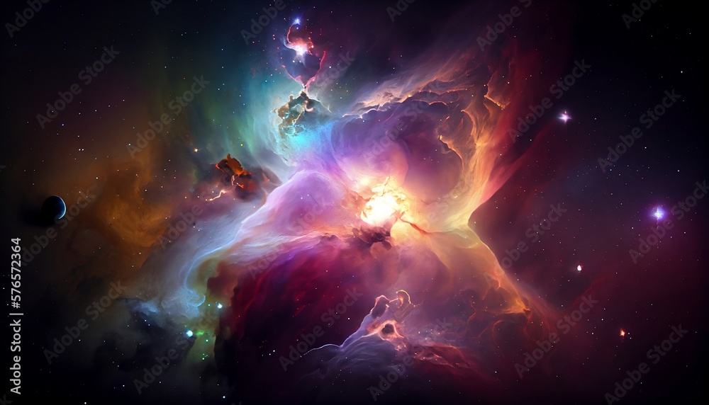 a stunning nebula in space, with bright and vibrant colors dominating the scene, surrounded by a dark and infinite space background, which further accentuates the colors and details of the nebula.