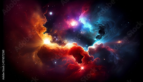 a stunning nebula in space, with bright and vibrant colors dominating the scene, surrounded by a dark and infinite space background, which further accentuates the colors and details of the nebula. © icehawk33
