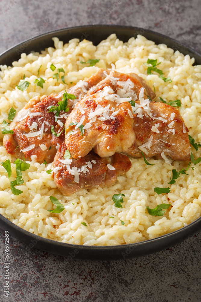 Chicken with Garlic Parmesan Rice closeup on the plate on the table. Vertical Chicken with Garlic Parmesan Rice closeup on the plate on the table. Vertical