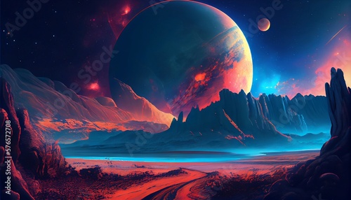an alien planet with a colorful atmosphere, with a nearby star and a galaxy visible in the background. The surface of the planet is covered in strange, alien terrain