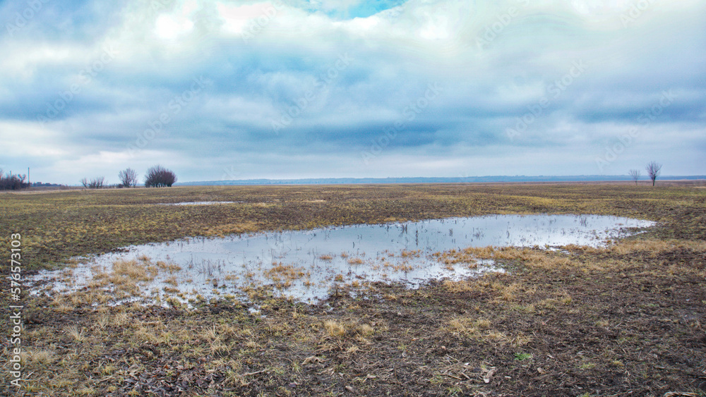 A large puddle in the middle of a field in winter