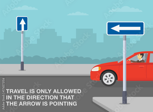 Safe driving tips and traffic regulation rules. Red car is traveling straight on one way road. Travel is allowed in the direction that the arrow is pointing. Flat vector illustration template.