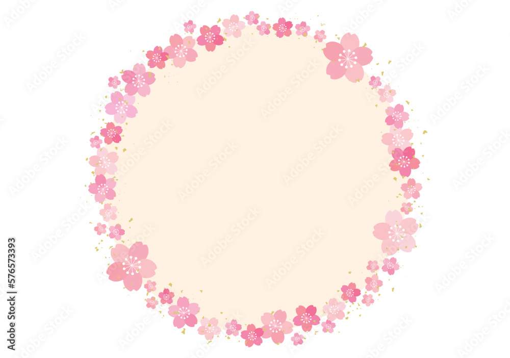 桜の花 サークルフレーム バナー 背景/ピンク・金箔
