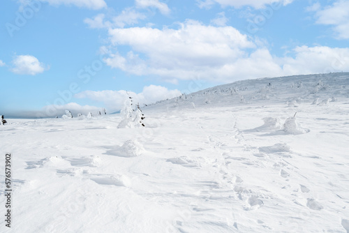 Alpine mountains landscape with white snow and blue sky. Sunset winter in nature. Frosty trees under warm sunlight. Krkonose Mountains National Park, Czech Republic ,Lucni bouda photo