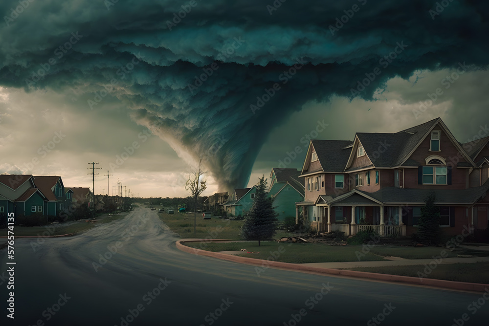 Residential building in a rural area, in bad stormy weather during a tornado in the evening at sunset, a beautiful red sky and a funnel. Generative AI