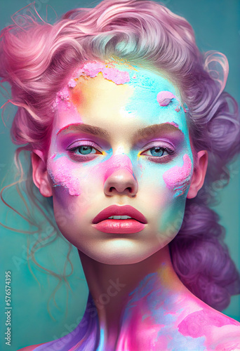 A colorful portrait of a beautiful young girl who has a face with modern  urban make-up and the whole face painted in vivid colorful paint. Illustration  Generative AI.