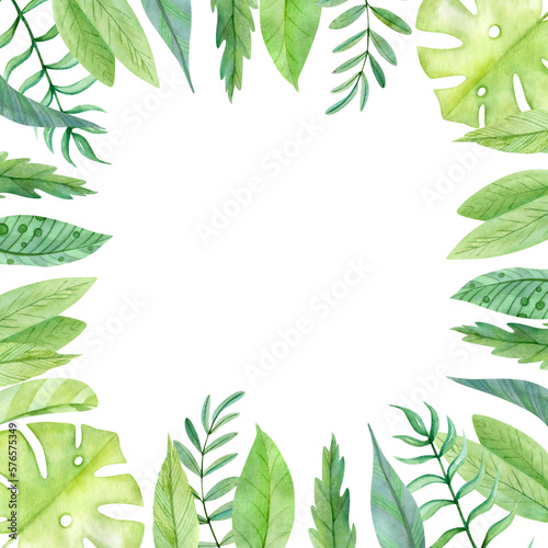 Hand Drawn Green Watercolor Frame of Cute Tropical Leaves