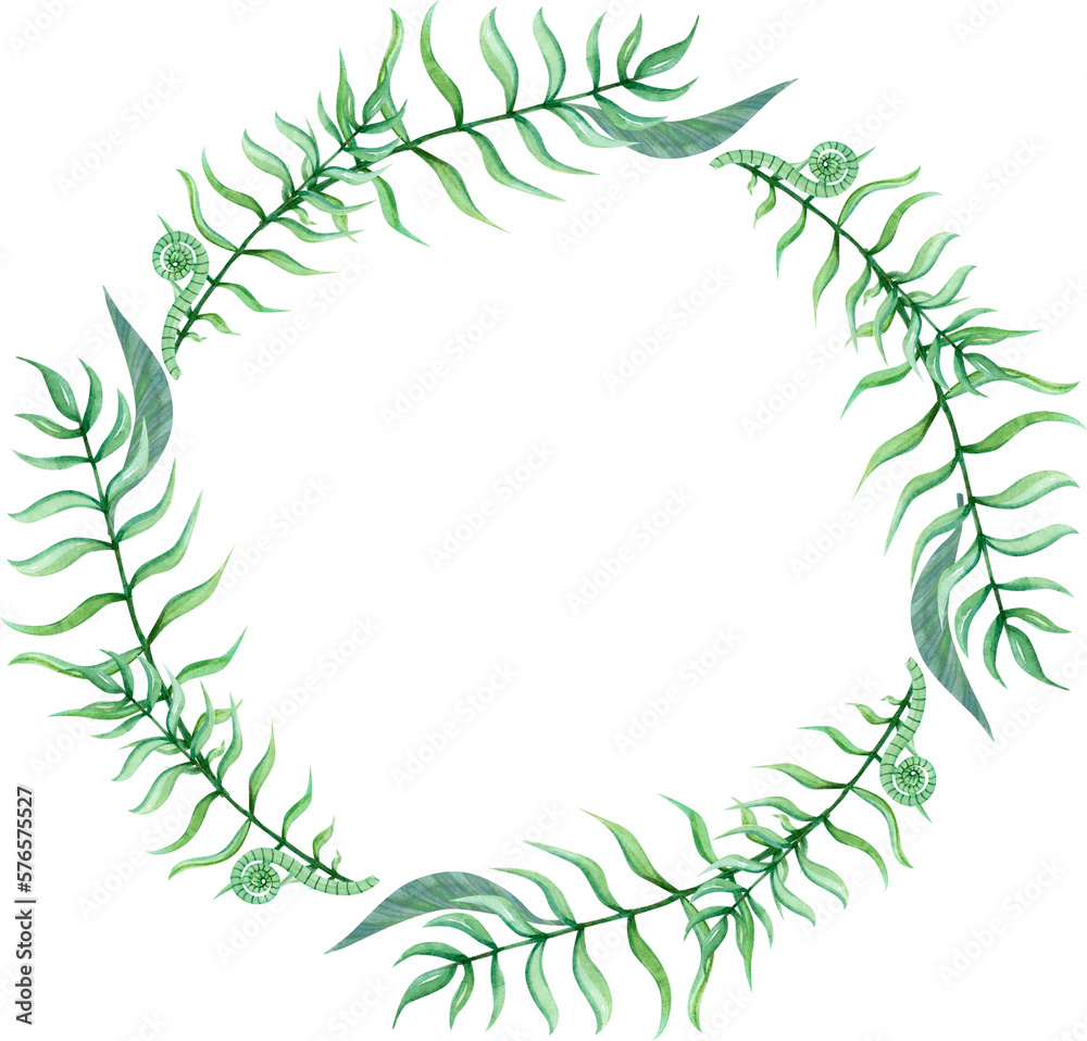 Hand Drawn Green Watercolor Wreath of Cute Tropical Leves