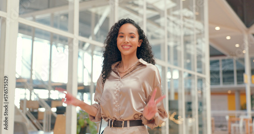 Face, smile or happy and a business black woman in a busy office with a positive mindset for company growth. Portrait, mission and vision with a female employee standing in her workplace for success