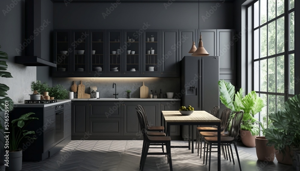 Modern dark kitchen and dining room interior with furniture and kitchenware, grey, black and dark kitchen interior background, luxury kitchen. Generative AI