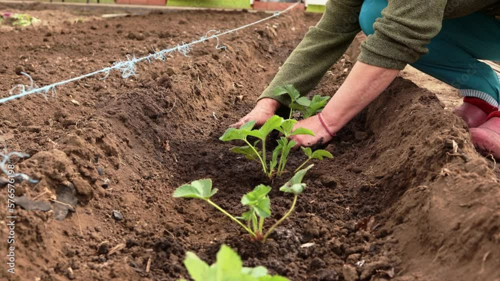 Woman is planting seedlings of strawberries. Gardening work. Country life. Eco farm. High quality 4k footage Woman is planting seedlings of strawberries. Gardening work. Country life. Eco farm. High quality 4k footage