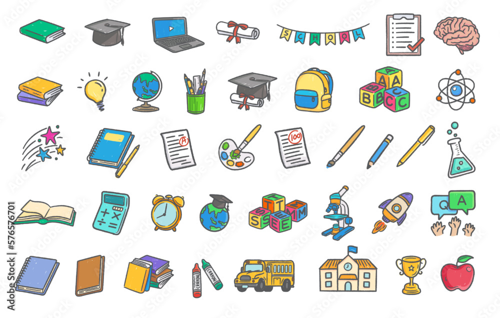 Education elements hand drawn objects colored line vector illustration