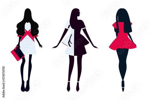 Fashion woman in summer dress vector set. Women silhouette. Stylish abstract women in dress. Collection of elegant faceless female