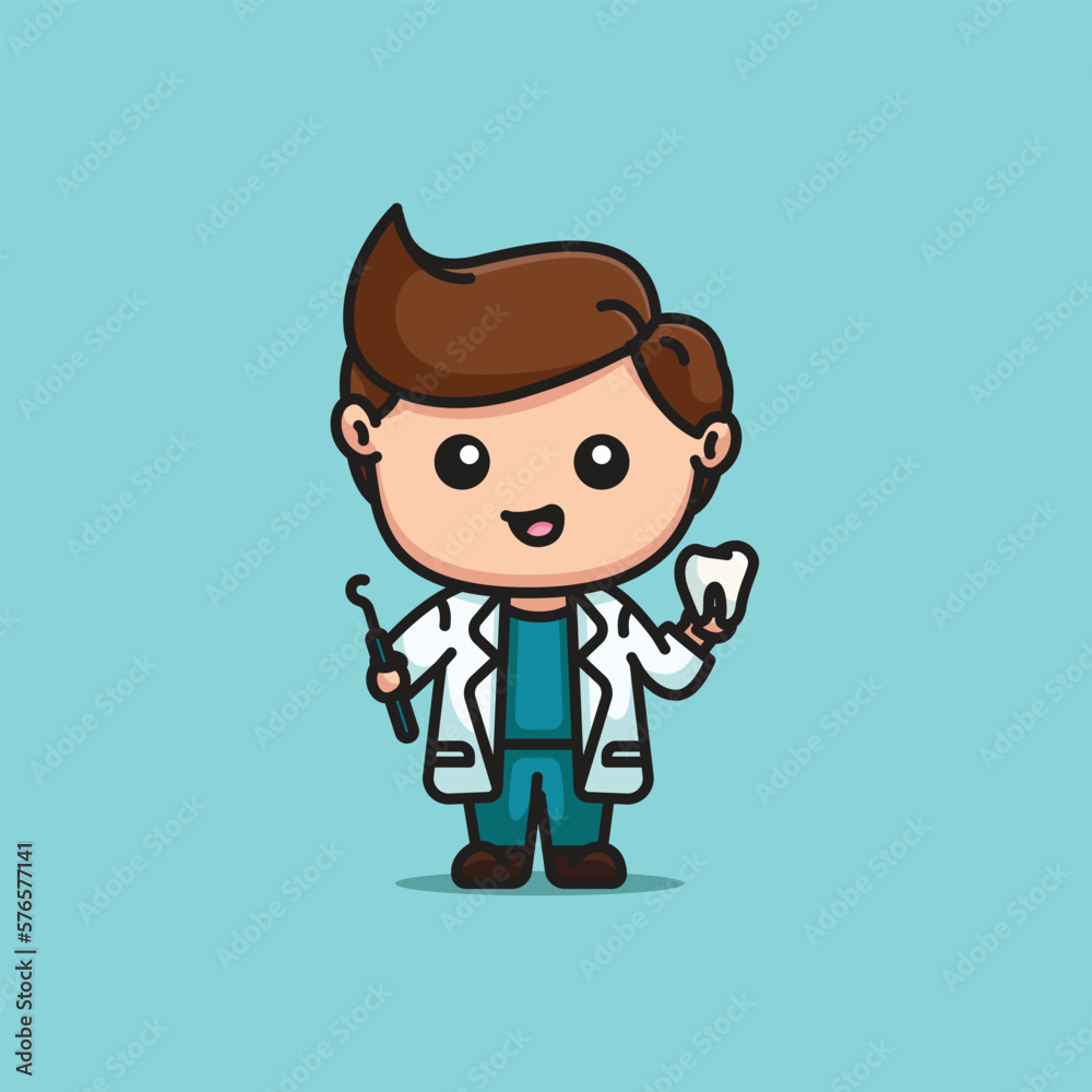 Cute male dentist holding dental tools with grinning face cartoon character illustration healthy care icon