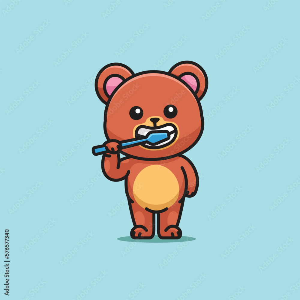Cute cartoon honey bear brushing his teeth animal vector illustration animal healthy icon Cute cartoon honey bear brushing his teeth animal vector illustration animal healthy icon