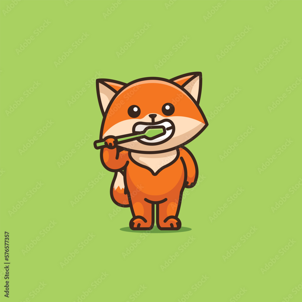 Obraz premium Cute cartoon fox brushing his teeth animal vector illustration animal healthy icon