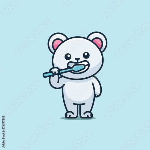 Cute cartoon polar bear brushing his teeth animal vector illustration animal healthy icon