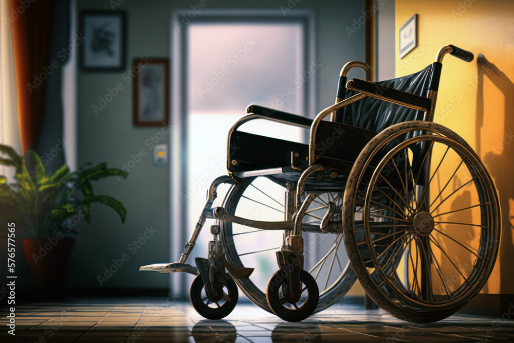 Wheelchair in a nursing home. Empty wheel chair, hospital room interior. Generative AI
