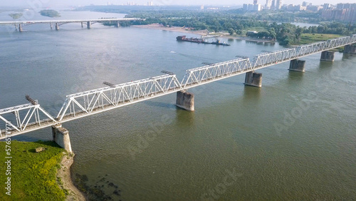 First Railway Bridge in Novosibirsk. Panorama of the city of Novosibirsk. View on the river Ob. Russia, From Dron