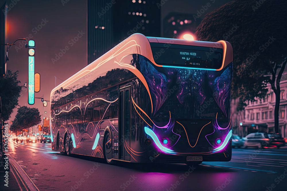 Ufo Bus A futuristic autonomous bus with a striking neon light design driving ...