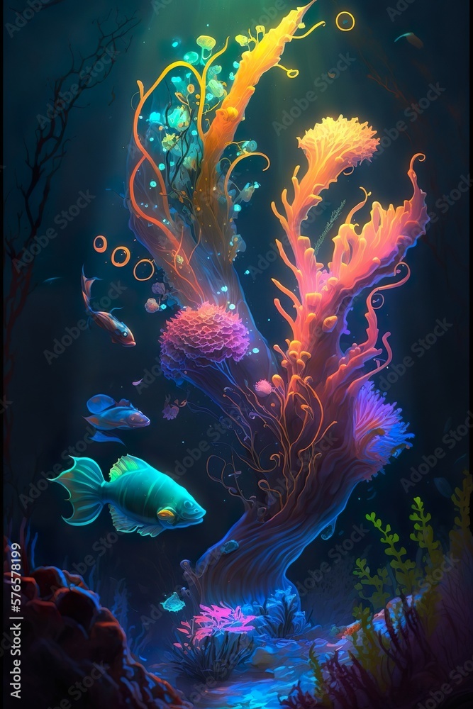 Obraz premium Illustration sous-marine de coraux et poissons