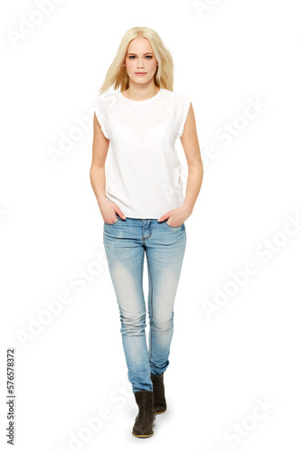 A confident young beauty model with a feminine or elegant looking blonde girl using cosmetics on a natural smiling face isolated on a png background.