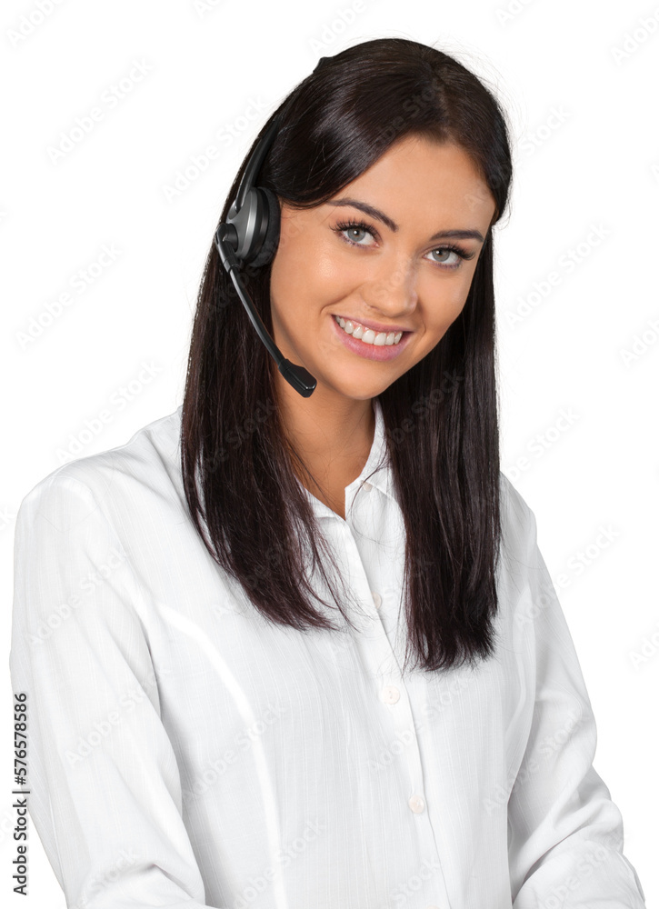Friendly Woman Talking on Headset - Isolated Friendly Woman Talking on Headset - Isolated