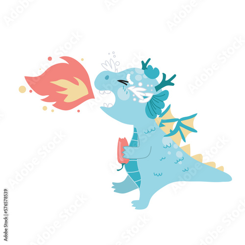 Cute and kawaii baby dragon eating spicy chili on white background for kids fashion artworks  children books  birthday invitations  greeting cards  posters. Fantasy cartoon vector illustration.