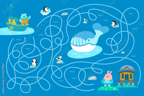 Maze with sea animals, bear on ship, penguins, whale. Help bear find bunny house. Activity for children. Puzzle game for kids. Vector illustration. 