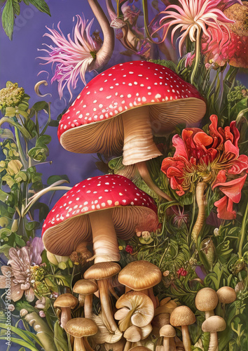 Magical fantasy mushrooms float in the air in a magical blooming meadow.