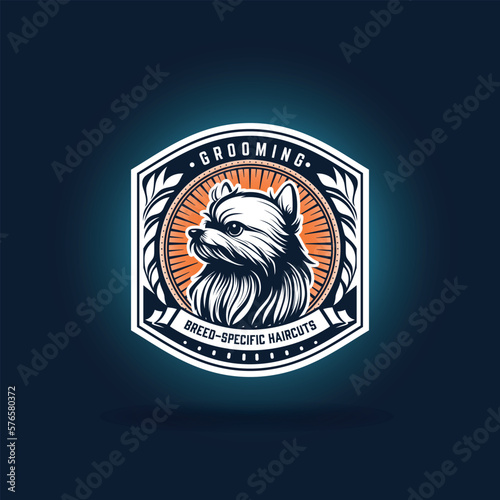 Cute and beautiful yorkshire terrier logo emblem. Grooming service vector label. Traditional badge