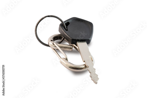 Black motorcycle keys with keychain isolated on white background with copy space and clipping path.