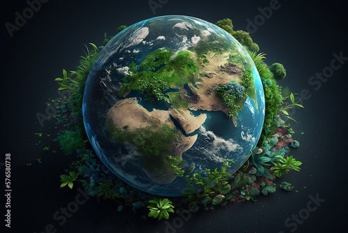 Earth planet with plants and flowers on the black background. Earth day. Earth protection concept created with Generative AI technology