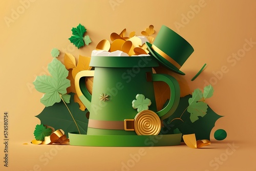 Saint Patrics day. Green hat on top of a cup of gold coins and clover leaves created with Generative AI technology photo