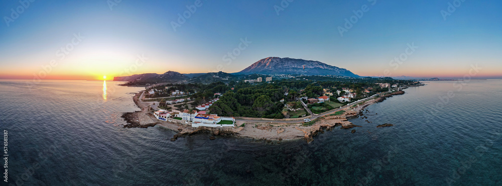 Aerial sunrise view the mediterranean coast with the Parque natural del